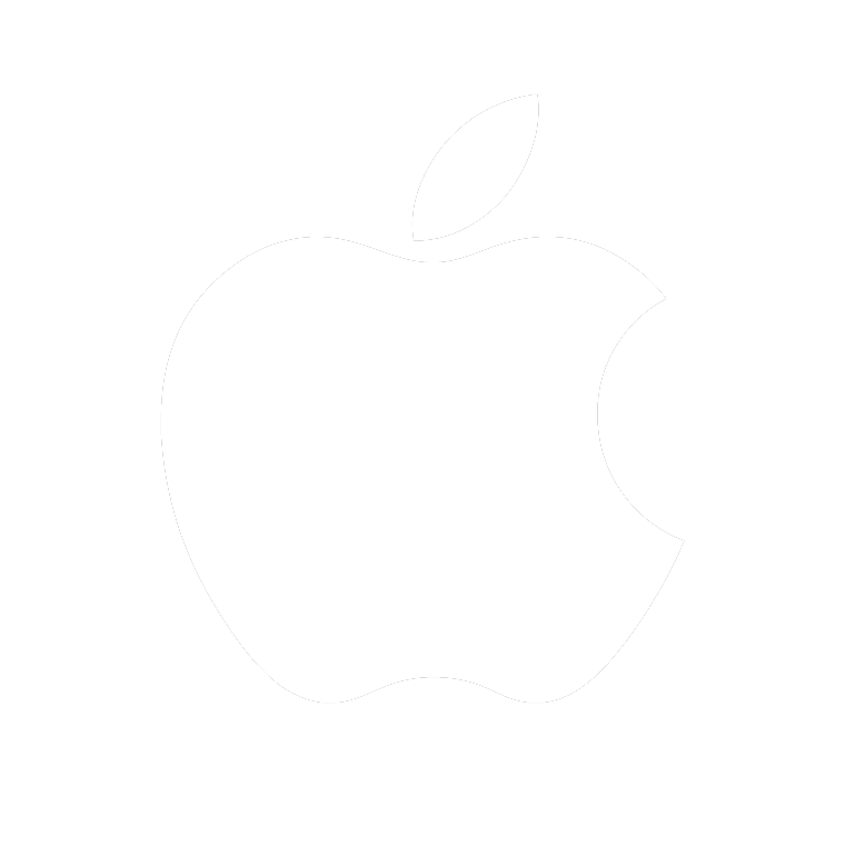 White Apple logo featuring a stylized apple with a bite taken out of the right side and a detached leaf on top, set against a black background.