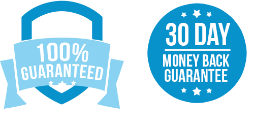 Two blue badges representing customer assurance. The left badge features a ribbon and shield design with the text "Satisfaction 100% Guaranteed." The right circular badge reads "30 Day Money Back Guarantee" with white stars surrounding the text.