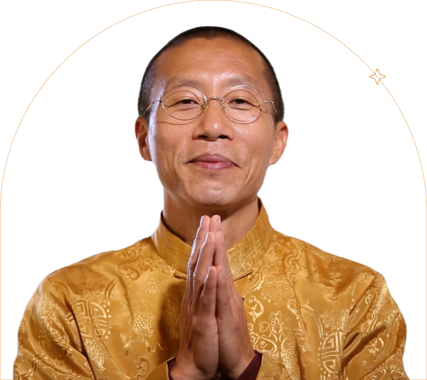 Master Mingtong Gu in a golden traditional robe with hands in prayer position, offering a peaceful meditation and Qigong healing presence